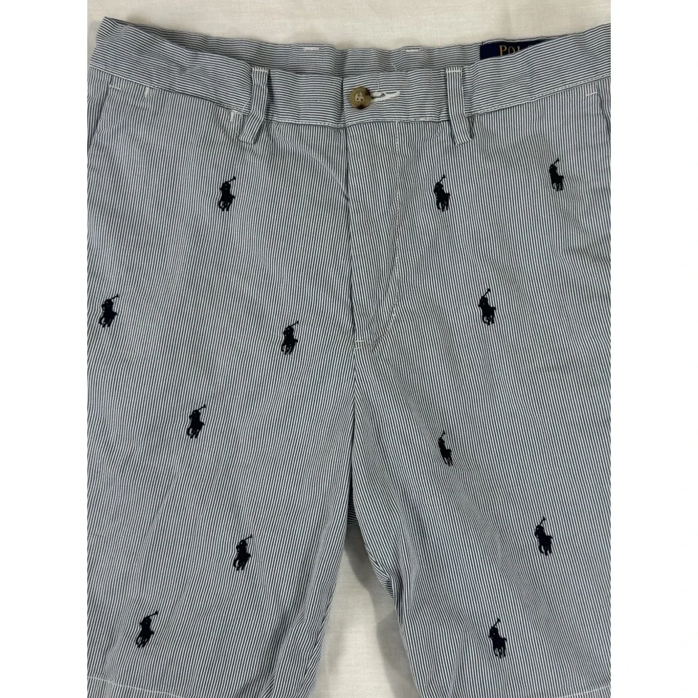 Polo Ralph Lauren Shorts Blue White Seersucker‎ Chino Pony Logo All Over Mens 29
